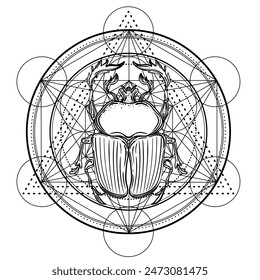 Sacred geometry with egypt symbol. Wings and all seeing eye. Alchemy, religion, spirituality, occultism. Isolated vector illustration. Drawing tattoo art. Coloring book.