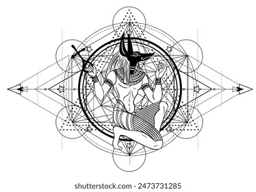 Sacred geometry with egypt symbol. Wings and all seeing eye. Alchemy, religion, spirituality, occultism. Isolated vector illustration. Drawing tattoo art. Coloring book.