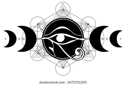 Sacred geometry with egypt symbol. Wings and all seeing eye. Alchemy, religion, spirituality, occultism. Isolated vector illustration. Drawing tattoo art. Coloring book.