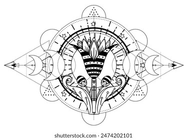 Sacred geometry with egypt symbol. Wings and all seeing eye. Alchemy, religion, spirituality, occultism. Isolated vector illustration. Drawing tattoo art. Coloring book.