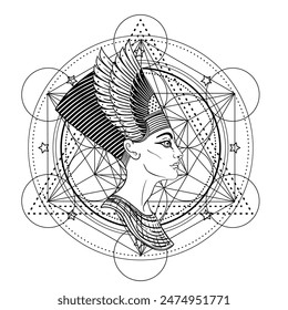 Geometría sagrada con símbolo egipcio. Alas y todos ojos que ven. Alquimia, religión, espiritualidad, ocultismo. Ilustración vectorial aislada. Dibujo de arte del tatuaje. Libro para colorear.