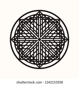 Sacred geometry. Eight-pointed cross in an environment of rhombuses and rectangles. Secret symbol of geometry. Labyrinth of illuminates. Black ethnic totemic geometric tattoo. Alchemy, astrology.