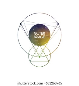 Sacred geometry emblem - the interlocking circles and triangles hipster symbol with copy space and colorful galaxy texture.