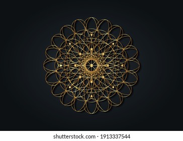 Sacred Geometry esoteric Flower of Life, gold filigree mandala embroidery. Seed of life symbol, golden luxury cross design vector divine meditative amulet isolated on black background 