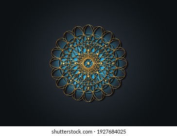 Sacred Geometry esoteric Flower of Life, gold filigree mandala embroidery jewelry concept. Seed of life symbol, golden luxury cross design vector divine meditative amulet isolated on black background 