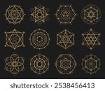 Sacred geometry, esoteric signs of occult and mystery Tarot cards, vector symbols. Sacred geometry of pentagram stars with mason pyramids and celestial symbols for astrology and alchemy or esoteric