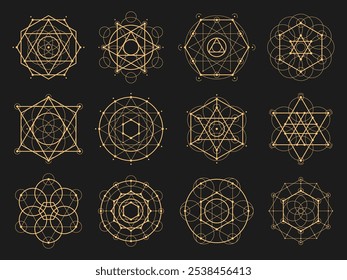 Geometria sagrada, sinais esotéricos de oculto e mistério Tarot cartas, símbolos vetoriais. Geometria sagrada de estrelas pentagramas com pirâmides de pedreiro e símbolos celestes para astrologia e alquimia ou esotérico