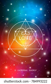 Sacred geometry esoteric Valentine greeting card with geometric hipster style heart on colorful cosmos background.