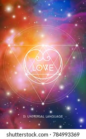 Sacred geometry esoteric Valentine greeting card with geometric hipster style heart on colorful cosmos background.