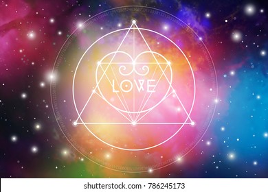 Sacred geometry esoteric Valentine greeting card with geometric hipster style heart on colorful cosmos background.