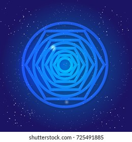 Sacred geometry figure, tunnel, black hole, in cosmic space. Magic symbol in Universe sky. Crossing reality 3d.