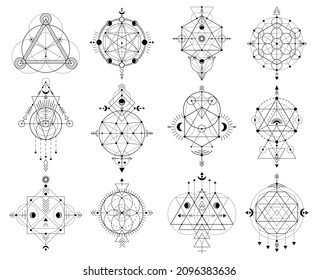 Sacred geometry figures, abstract mystic linear shapes. Mystical linear occult signs vector illustration set. Geometric sacred alchemy symbols. Magic and spiritual forms with moon and arrows