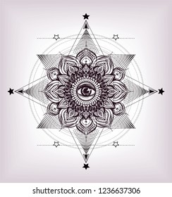 Sacred geometry and floral print for print  t shirt and tattoo art.