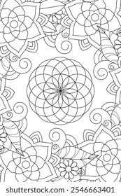 Sacred geometry floral zentangle style illustration. Ornamental line art tarot deck design. Romantic esoteric flower of life vector art.