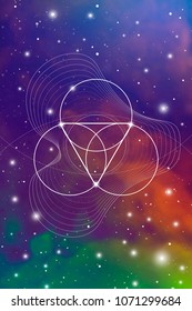 Sacred geometry flower of life design template with golden ratio numbers, interlocking circles, triangles and squares, flows of energy and particles in front of outer space background. 