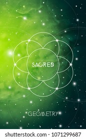 Sacred geometry flower of life design template with golden ratio numbers, interlocking circles, triangles and squares, flows of energy and particles in front of outer space background. 