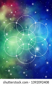 Sacred geometry  flower of life design template with golden ratio numbers, interlocking circles, triangles and squares, flows of energy and particles in front of outer space background. 