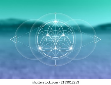 Sacred Geometry, Flower of Life, lotus flower mandala. White logo Symbol of Harmony and Balance, Glowing Geometrical Ornament, yoga relax, vector isolated on blurred natural background 