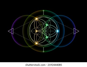 Sacred Geometry, Flower of Life, lotus flower mandala. Colorful gradient logo Symbol of Harmony and Balance, Glowing Geometrical Ornament, yoga relax, vector isolated on black background 