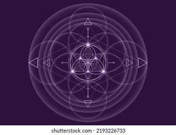 Sacred Geometry, Flower of Life, lotus flower mandala. Neon vintage logo Symbol of Harmony and Balance, Glowing Geometrical Ornament, yoga relax, vector isolated on purple background 