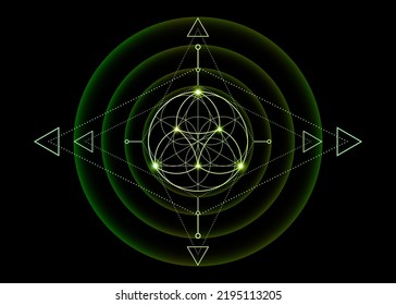 Sacred Geometry, Flower of Life, lotus flower mandala. Green gradient logo Symbol of Harmony and Balance, Glowing Geometrical Ornament, yoga relax, vector isolated on black background 