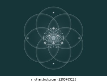 Sacred Geometry, Flower of Life, lotus flower mandala. White Neon vintage logo Symbol of Harmony and Balance, Glowing Geometrical Ornament, yoga relax, vector isolated on green background 