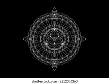 Sacred Geometry, Flower of Life, lotus flower mandala. White Neon vintage logo Symbol of Harmony and Balance, Glowing Geometrical Ornament, yoga relax, vector isolated on black background 