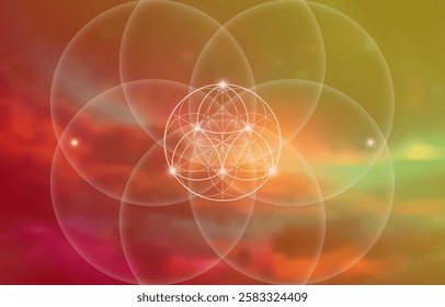 Sacred Geometry, Flower of Life, lotus flower mandala. White Neon vintage logo Symbol of Harmony and Balance, Glowing Geometrical Ornament, yoga relax, vector blurry sunset landscape background 