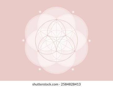 Sacred Geometry, Flower of Life, lotus flower mandala. White vintage logo Symbol of Harmony and Balance, Geometrical Ornament, yoga relax, purity, vector isolated on old rose background 