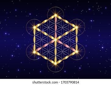 Sacred Geometry, flower of life and Metatrons cube. Gold Symbol of alchemy, religion and spirituality. Vector isolated on blue starry night sky background 