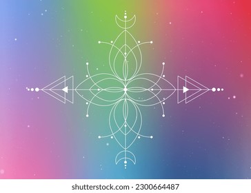 Sacred geometry, Flower of life, Mystical drawing: circles, triangles, moon, scheme of energy. Symbols of alchemy, magic, esoteric, occultism. Vector isolated on colorful starry galaxy background