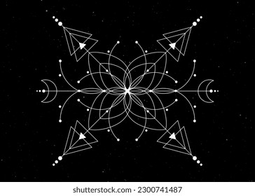 Sacred geometry, Flower of life, Mystical drawing: circles, triangles, moon, scheme of energy. Symbols of alchemy, magic, esoteric, occultism. Vector isolated on black starry galaxy background