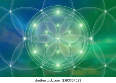 Sacred geometry, Flower of life. Mystical lotus spiritual new age futuristic illustration with transmutation interlocking circles, bright neon sign, symbol of harmony and balance, blurry background