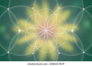 Sacred geometry, Flower of life. Mystical lotus spiritual new age futuristic illustration with transmutation interlocking circles, bright neon sign, symbol of harmony and balance, blurry background