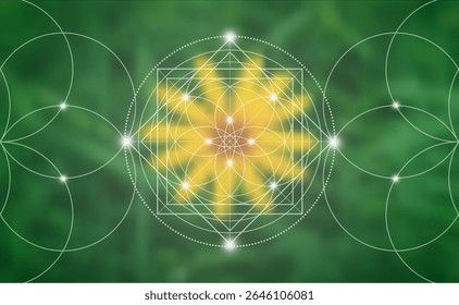 Sacred geometry, Flower of life. Mystical lotus spiritual new age futuristic illustration with transmutation interlocking circles, bright neon sign, symbol of harmony and balance, blurry background