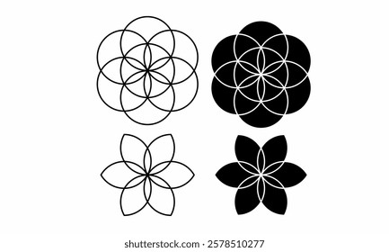 Sacred geometry flower of life symbols,seed of life minimalistic vector outline, esoteric spiritual pattern, black and white symmetrical design, mystical geometric art.