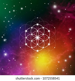 Sacred geometry flower of life vector illustration with golden ratio numbers, interlocking circles and particles in front of outer space background. 
