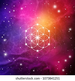 Sacred geometry flower of life vector illustration with golden ratio numbers, interlocking circles and particles in front of outer space background. 
