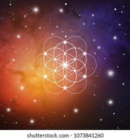 Sacred geometry flower of life vector illustration with golden ratio numbers, interlocking circles and particles in front of outer space background. 