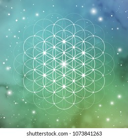 Sacred geometry flower of life vector illustration with golden ratio numbers, interlocking circles and particles in front of outer space background. 
