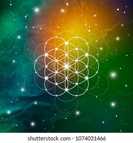 Sacred geometry flower of life vector illustration with golden ratio numbers, interlocking circles and particles in front of outer space background. 
