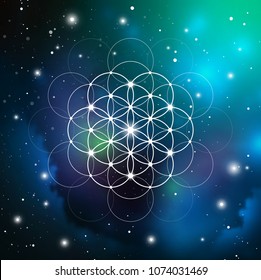 Flor de geometria sagrada da ilustração do vetor de vida com números de proporção dourada, círculos interligados e partículas em frente ao fundo do espaço exterior. 
