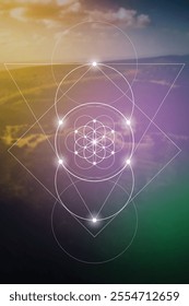 Sacred geometry flower of life vector illustration. Esoteric Energy Elements in Futuristic Design related to Tarot, Alchemy and Astrology. Golden ratio and Fibonacci row inspired design.