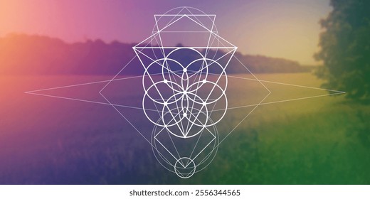 Sacred geometry flower of life vector illustration. Esoteric Energy Elements in Futuristic Design related to Tarot, Alchemy and Astrology. Golden ratio and Fibonacci row inspired design.