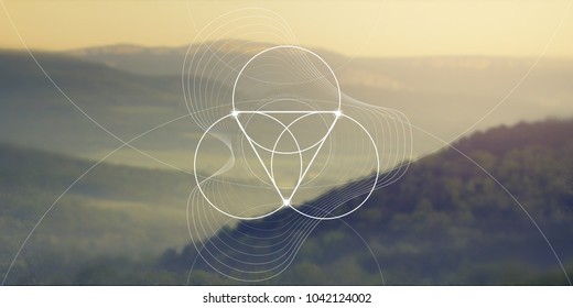 Sacred geometry flower of life website banner with golden ratio numbers, interlocking circles and triangles, flows of energy and particles in front of outer space background. The formula of nature.