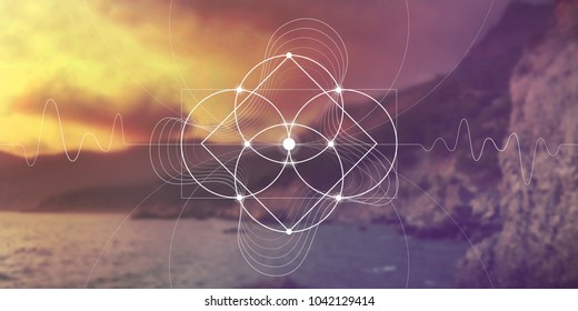 Sacred geometry flower of life website banner with golden ratio numbers, interlocking circles and triangles, flows of energy and particles in front of outer space background. The formula of nature.