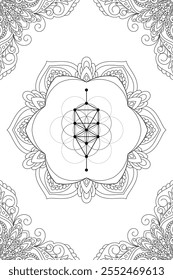 Sacred geometry flower of life zentangle style illustration. Ornamental line art tarot deck design. Romantic esoteric vector art.