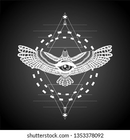 Sacred geometry with flying bird and all seeing eye. Black and white pattern. Masonic symbol. Esoteric.