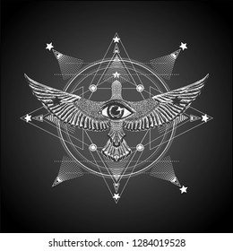 Sacred geometry with flying bird and eye of providance. Print for t shirt and tattoo art. Detailed stylized Masonic symbol on the black background. Black and white illustration.