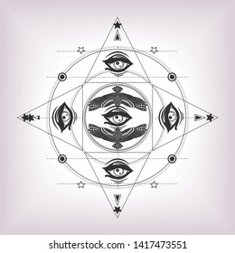 The sacred geometry with flying birds and all seeing eye. Black and white illustration. Geometric mandala for coloring book, tattoo art and print tshirt. Masonic symbol for seance. Occultism. Vintage.